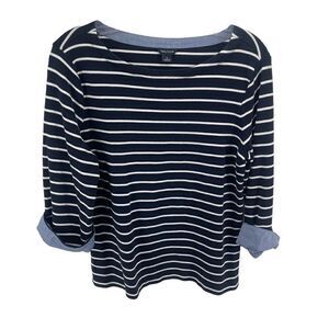 Nautica Women's Boat Neck Blouse Striped Top 3/4 Sleeve Cotton Navy Blue Large